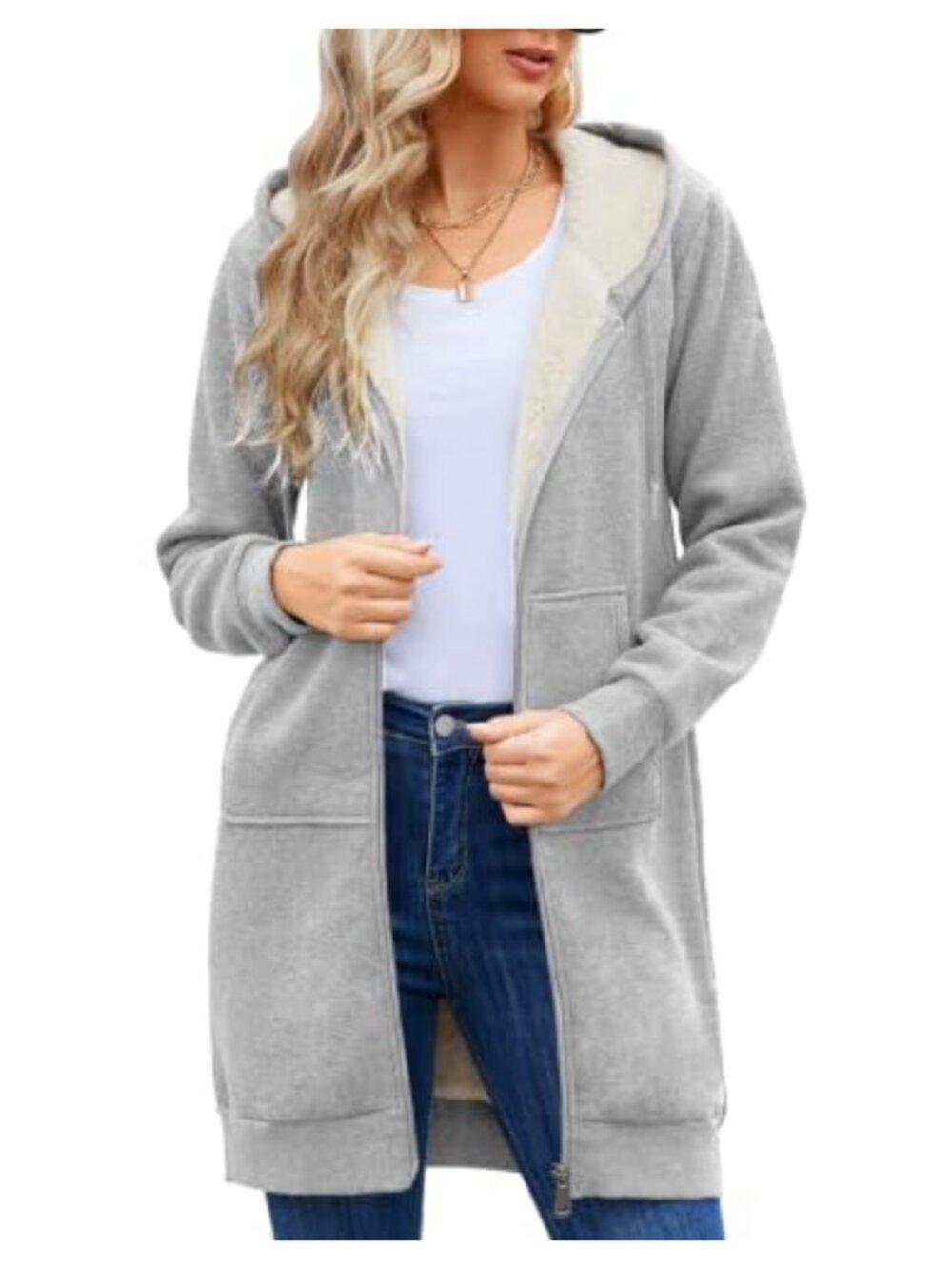 Sherpa Fleece Lined Zip Up Hoodie Tunic with Pockets